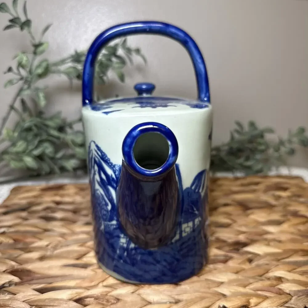Victoria Blue White Ironstone Teapot Chinoiserie Landscape Handle 10.5” Vintage